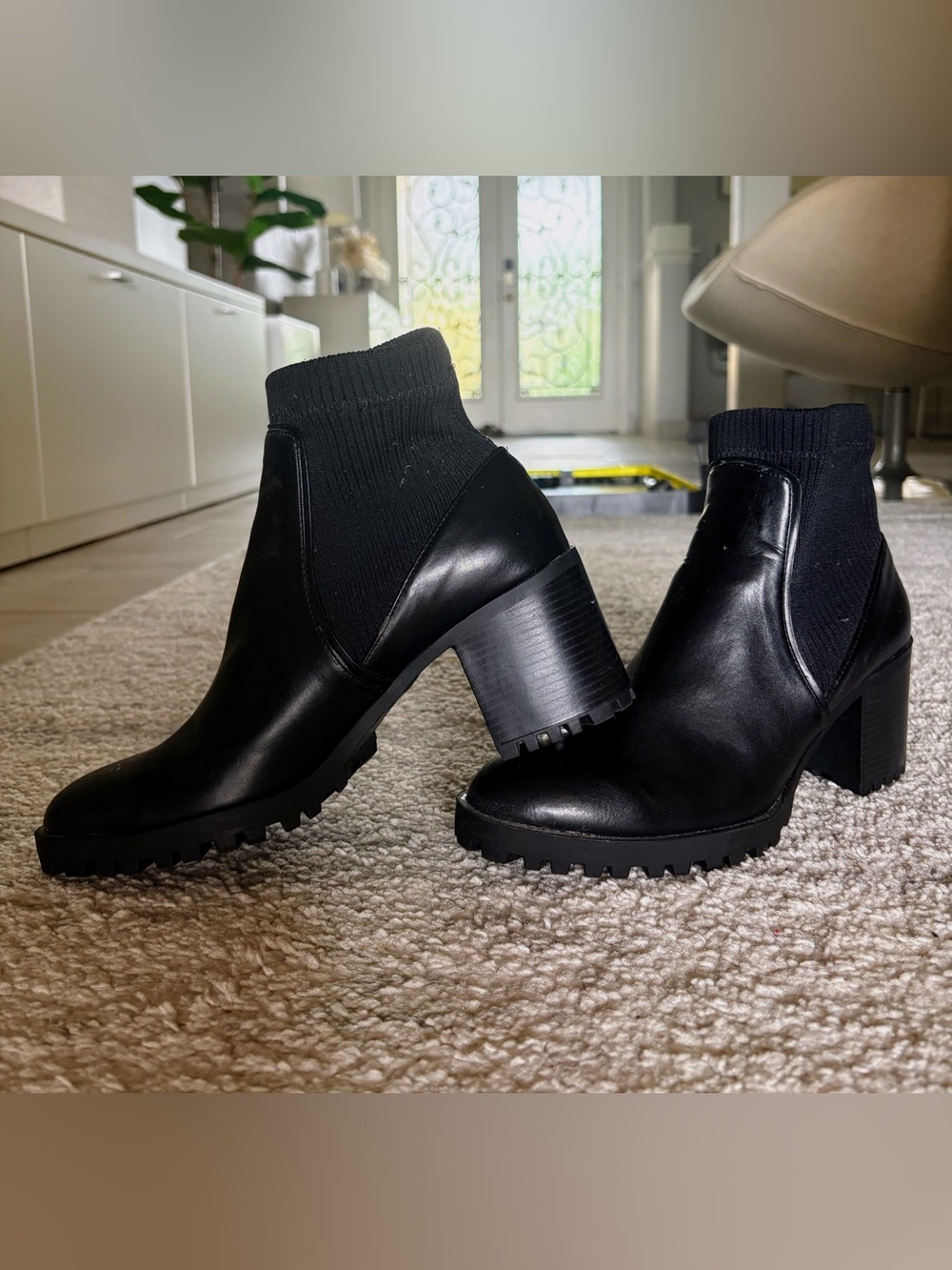 Zara Black Leather Sock Ankle Boots with Block Heel